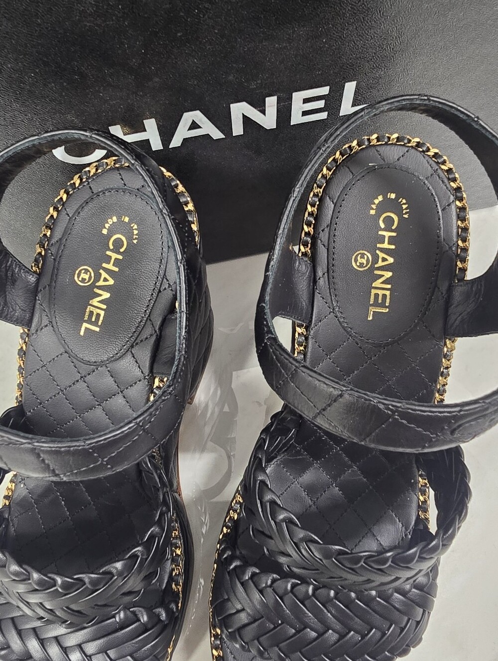 Chanel Black Quilted Braided Leather Platform Sandals - Picture 3 of 13